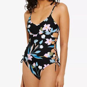 HULA HONEY Juniors' Flourishing Floral Lace-Up One-Piece Swimsuit